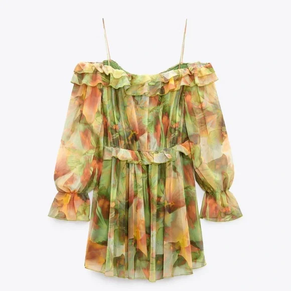 Zara | Dresses | Nwt Zara Printed Tulle Dress Green Yellow | Poshmark